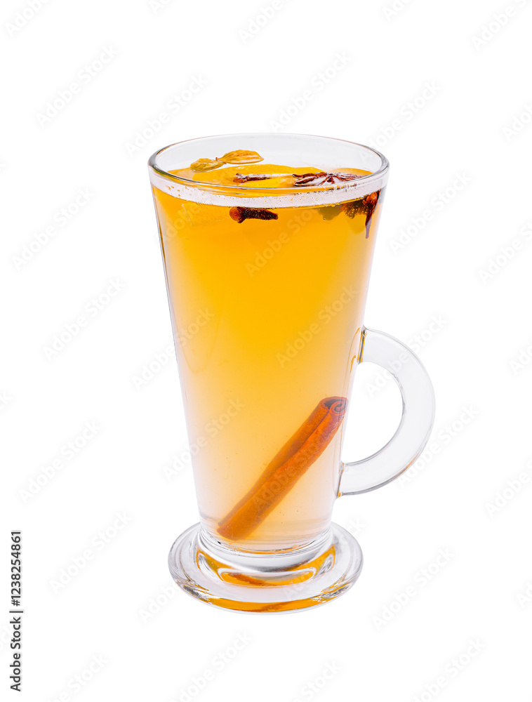 Warm spiced drink with cinnamon and cloves served in a clear glass cup on a white background at a cozy café Warm spiced drink with cinnamon and cloves served in a clear glass cup on a white background at a cozy café