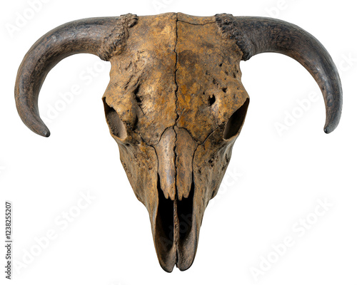 Ancient bull skull with prominent horns, showcasing rustic texture and natural colors, perfect for western decor or artistic displays photo