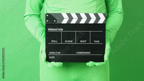 Fotografie Clapper board and man wear chroma key suit on on green screen background
