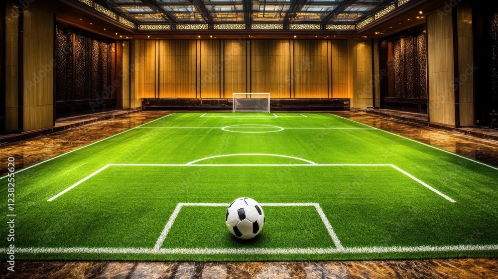 Obraz premium Indoor soccer field with ball at center.