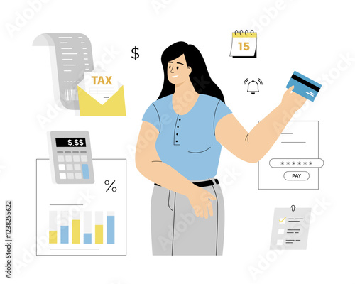 Tax online payment concept. Woman with bank card, tax form in an envelope, invoice, calendar, calculator, list, bell. Vector illustration on isolated white background.	
