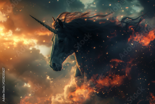 Majestuoso unicornio negro en un cielo de fantasía con colores vibrantes.