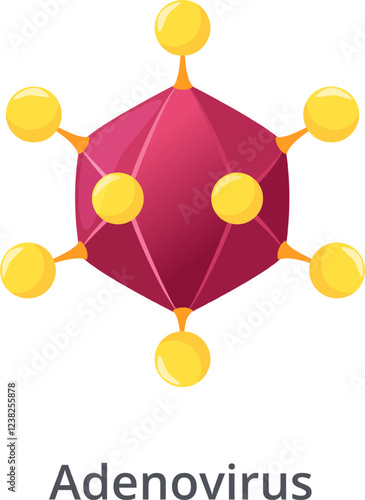 Adenovirus particle showing fibers proteins extending from each penton base of its icosahedral capsid, a non enveloped virus causing respiratory infections, gastroenteritis, and conjunctivitis