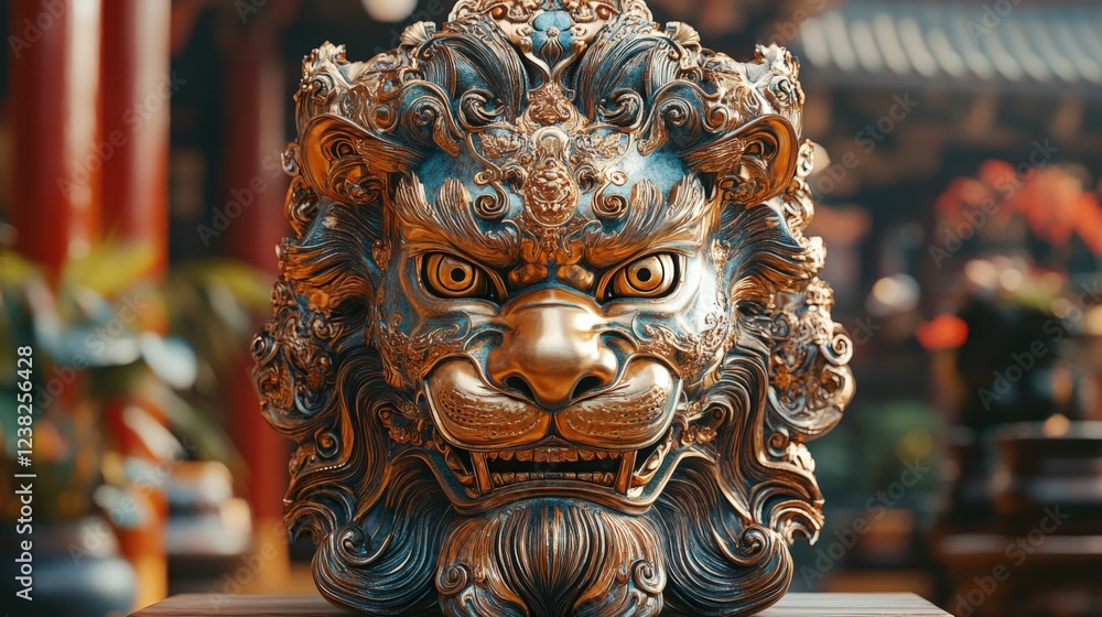Fototapeta premium Majestic Lion Statue Guards Ancient Temple Interior. Generative AI
