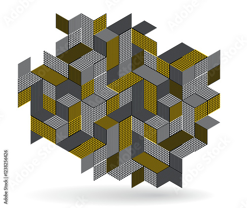 Abstract vector art with 3D isometric cubes geometric background, op art blocks with different forms isolated, polygonal graphic design, cubical theme.