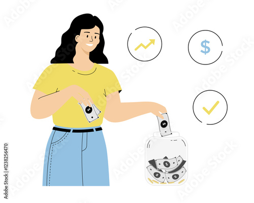 Money savings and deposit growth concept. Personal finance management, financial literacy. Woman putting money in a glass jar. Vector illustration on isolated white background.	
