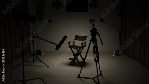 Bild auf Leinwand Studio for photo video production filming with lighting equipment, cyclorama and camera, director chair stand in the middle of dark scene