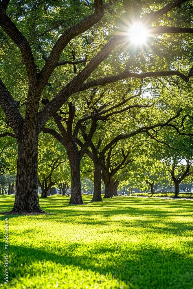 Obraz premium Sun-Drenched Serenity Tranquil Green Meadow with Majestic Trees and Golden Sunlight, 8k