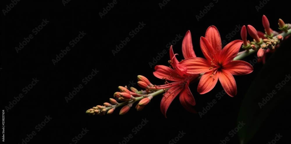 Obraz premium Dark branch of Crocosmia Lucifer flowers against black background, plant, foliage, flowers arrangement