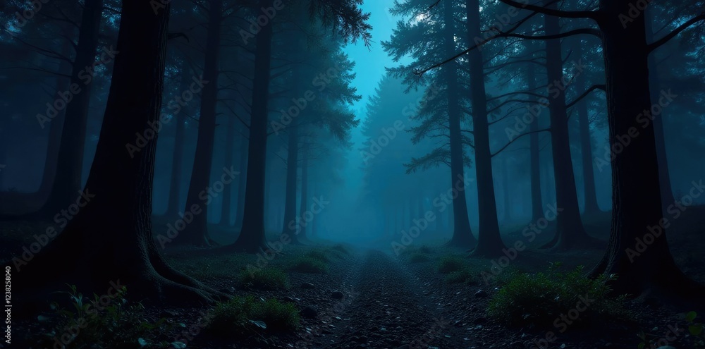 Obraz premium Dark forest landscape with tilted trees and bones, scary, forest, night