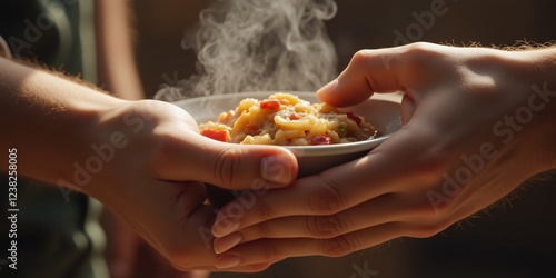 A steaming bowl of comfort, shared hands, warm light, gentle exchange; nourishing souls, building bridges, simple acts of kindness. photo