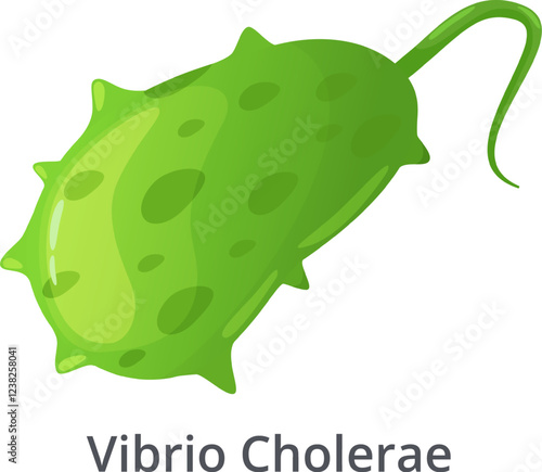 Vibrio Cholerae bacteria, responsible for the infectious disease cholera, is depicted moving with its flagellum, highlighting its motility and role in spreading the illness