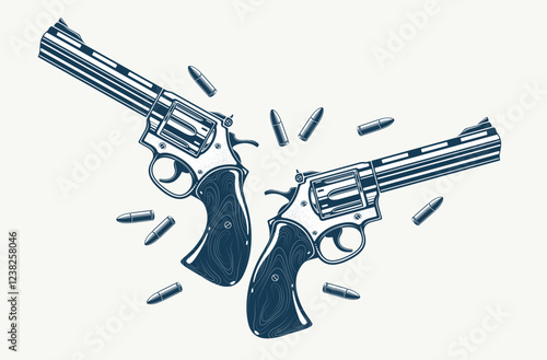 Detailed revolvers shotguns and bullets vector illustration in a classic graphic design style, two beautiful gun drawing.