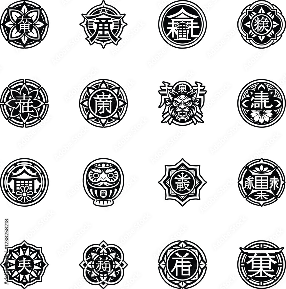 Fototapeta premium Bundle of Japanese Kanji Artwork Glyph Icons