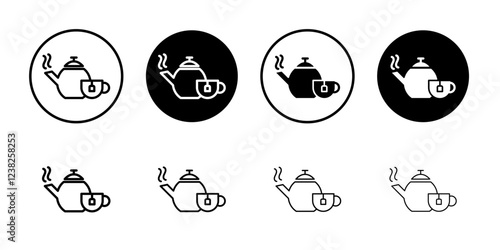 Teapot with teabag on cup icon Vector logo outline