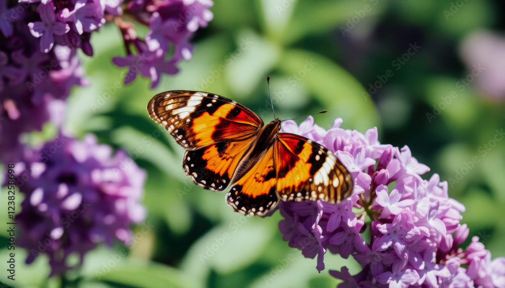A close-up of a monarch butterfly perched on vibrant lilac flowers, surrounded by spring blossoms. A close-up of a monarch butterfly perched on vibrant lilac flowers, surrounded by spring blossoms.
