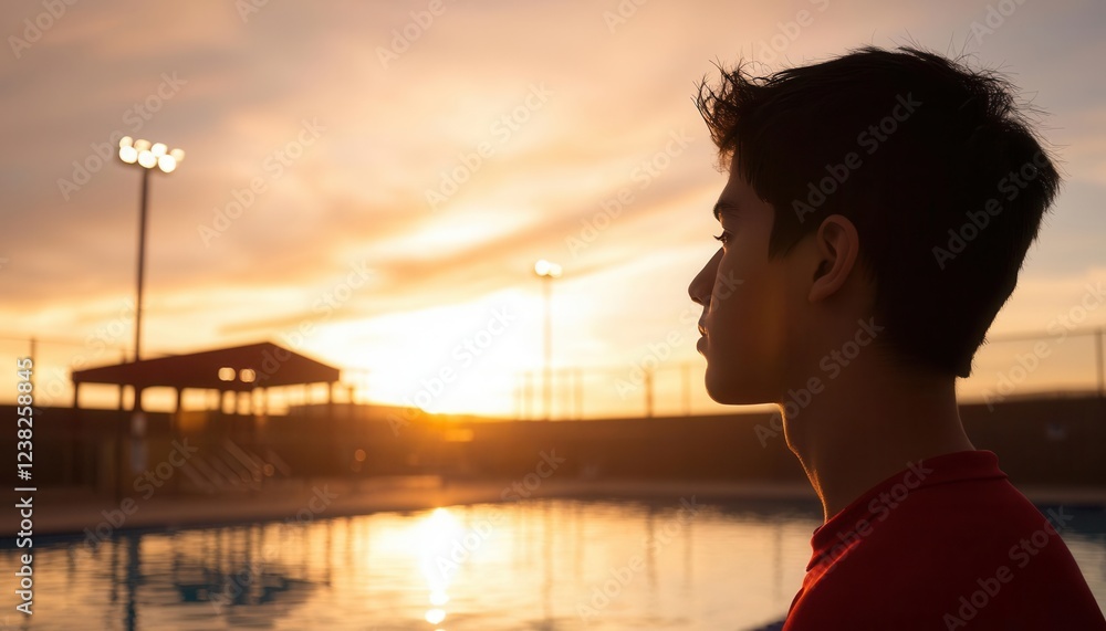 Fototapeta premium Sunset reflections young man gazes at dusk by the poolside outdoor serenity inspirational mood