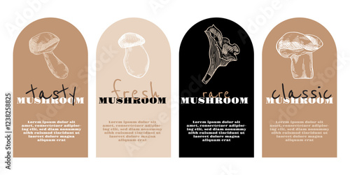 Mushroom Tags set. Design for packaging birch mushroom. Craft branding for natural chanterelle. hand drawn in sketch retro style. Vector illustration.