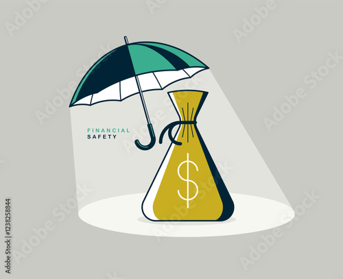 Umbrella with money bag vector conceptual poster, financial safety concept, simple icon style illustration of a parasol with moneybag, financial protection metaphor.