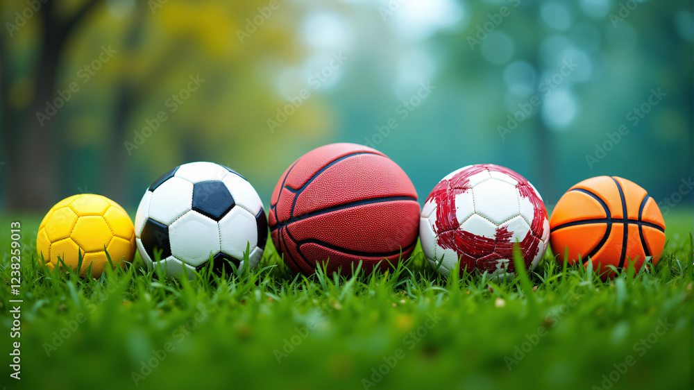 Diverse Sports Balls on Green Grass Diverse Sports Balls on Green Grass