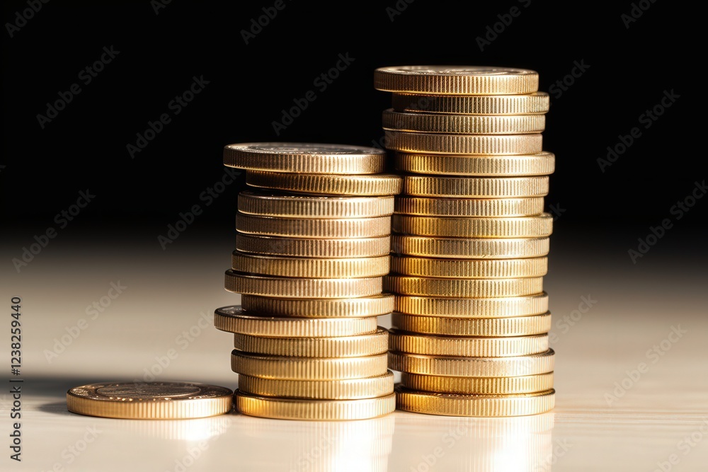 Golden Coins Stacked Neatly on a Table with a Dark Background Creating an Elegant and Luxurious Financial Ambiance for Various Uses Golden Coins Stacked Neatly on a Table with a Dark Background Creating an Elegant and Luxurious Financial Ambiance for Various Uses