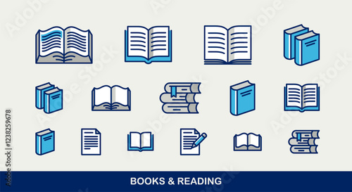 Books and reading vector icons set, different books, fiction and documentary literature.