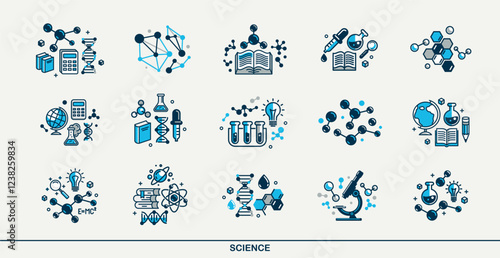 Science vector detailed icons set, school and university education bundle, scientific study and research, physics and chemistry.