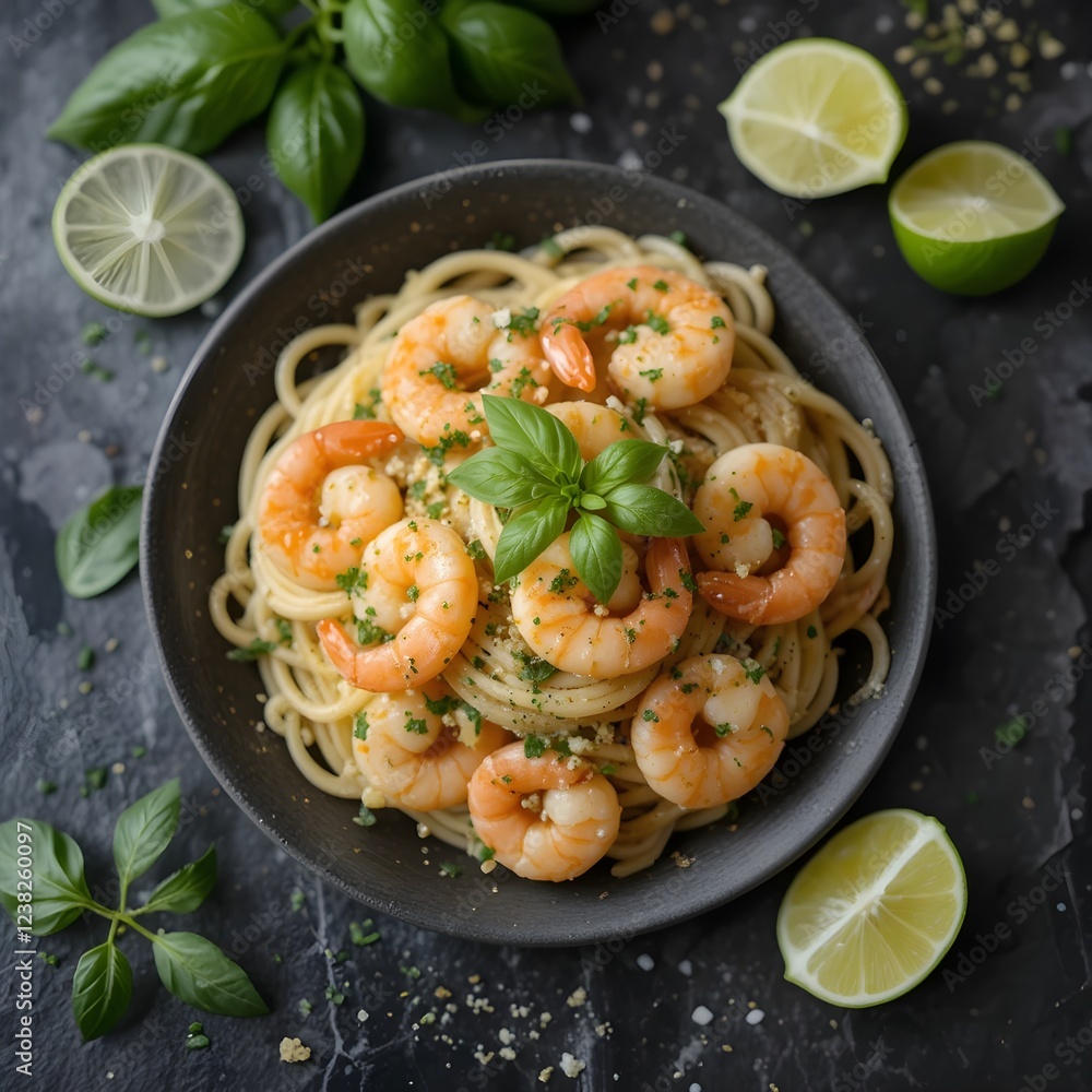pasta with shrimps, Shrimp pasta with fresh basil and lime on dark slate table, pasta with shrimps, Shrimp pasta with fresh basil and lime on dark slate table,
