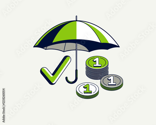 Financial safety vector detailed icon, umbrella and money composition, secured bank account, safe private finances.