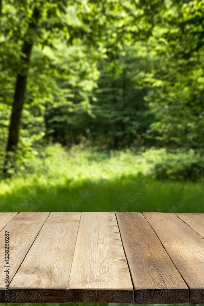 A wooden table with a view of a forest. The table is empty and the forest is lush and green A wooden table with a view of a forest. The table is empty and the forest is lush and green
