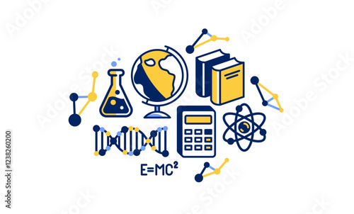 Science vector detailed icon, molecules and atoms laboratory experiment, book university study, flask and tube experiment.