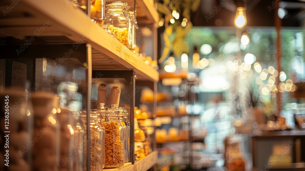 Cozy interior of a rustic store with glass jars and warm lighting Cozy interior of a rustic store with glass jars and warm lighting