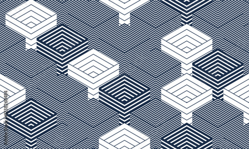 3D cubes seamless background, abstract tiling endless pattern with blocks, cubic optic construction wallpaper, surreal op art surface modular abstraction.