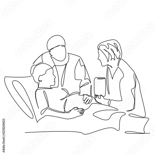 One continuous single drawing line art flat doodle pregnant woman, husband, doctor, examination, doctor's appointment. Isolated image hand draw contour on a white background, hand drawn, not AI