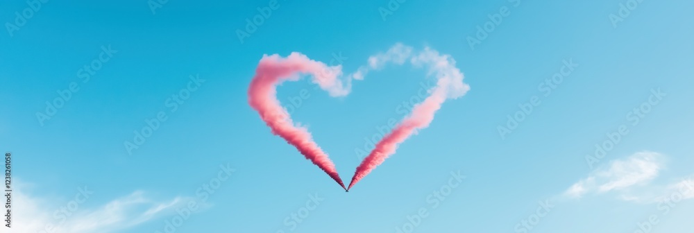 Naklejka premium A heart made of smoke is flying in the sky. The heart is pink and the sky is blue