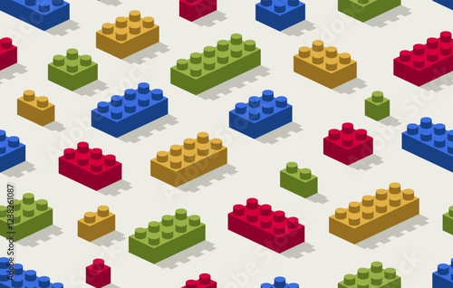 Toy constructor seamless pattern, isometric vector toy bricks tiling wallpaper, children game construction retro colored blocks endless pattern.
