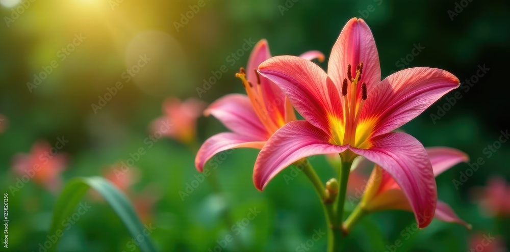 Delicate star-shaped flowers with maroon lily petals unfolding in a garden, flora, nature, garden Delicate star-shaped flowers with maroon lily petals unfolding in a garden, flora, nature, garden