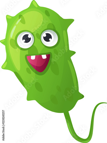 Cartoon illustration featuring a funny green microbe with a playful tail, smiling widely and displaying its teeth, set against a clean white background