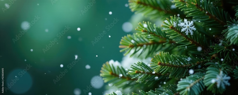 Delicate white snowflakes gently falling on the top of the Christmas tree, flakes, green Delicate white snowflakes gently falling on the top of the Christmas tree, flakes, green