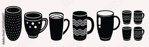 Black and white illustration, ceramic mugs collection.