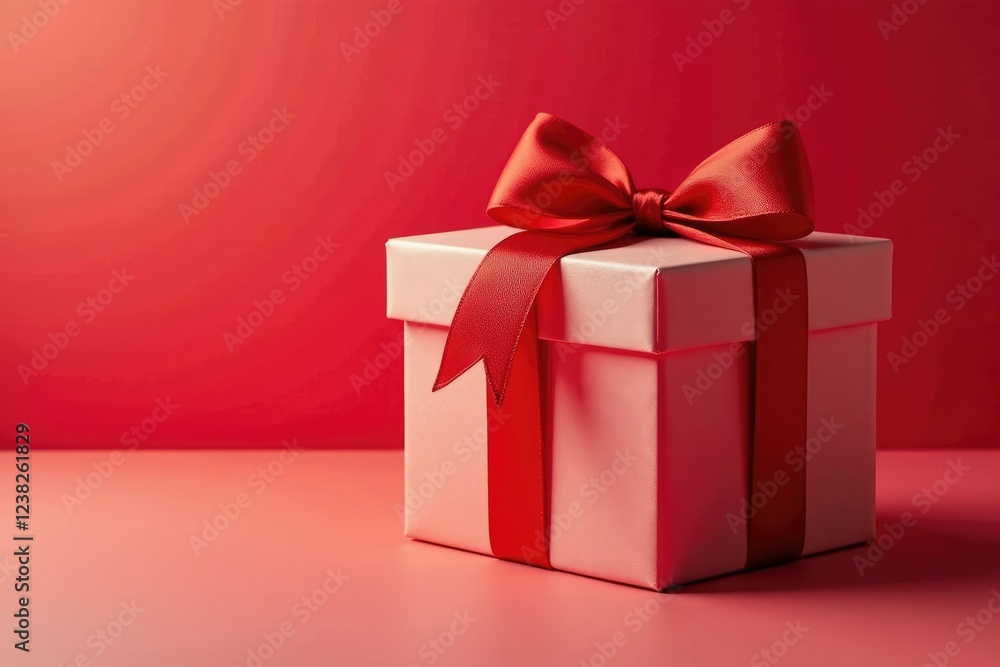 Fototapeta premium Gift box with a red ribbon tied in a bow on the side, ribbon, gift wrap, red