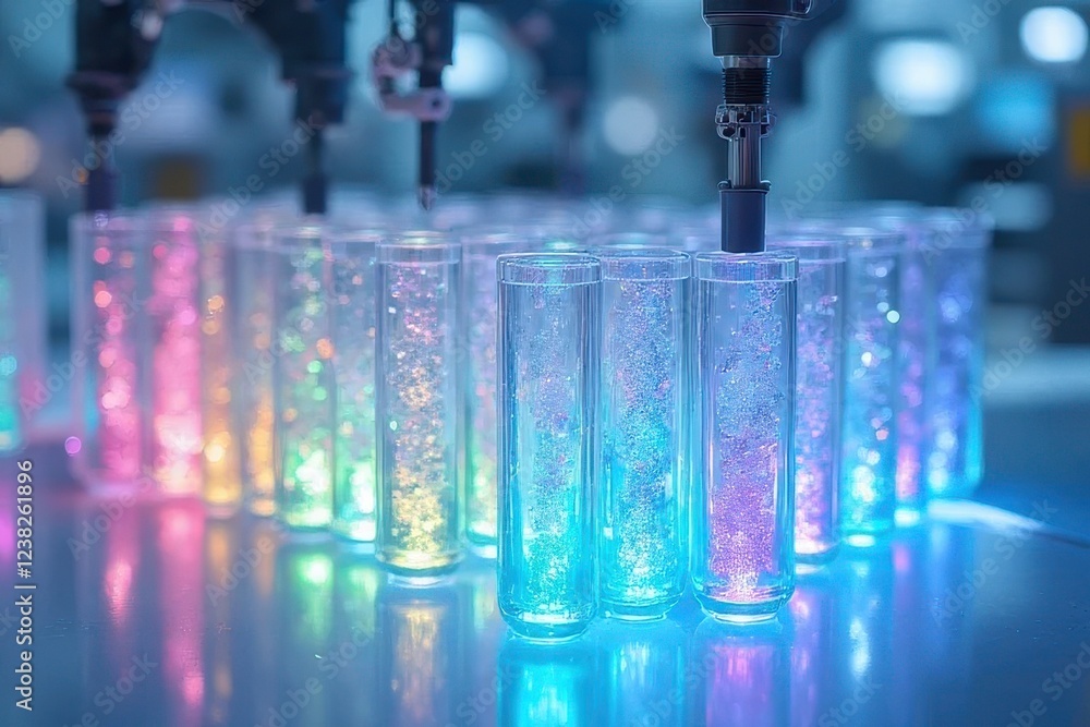 A futuristic protein purification lab: crystal-clear chromatography columns glowing with rainbow proteins, robotic arms handling vials, and light beams optimizing yield in a sterile white space A futuristic protein purification lab: crystal-clear chromatography columns glowing with rainbow proteins, robotic arms handling vials, and light beams optimizing yield in a sterile white space