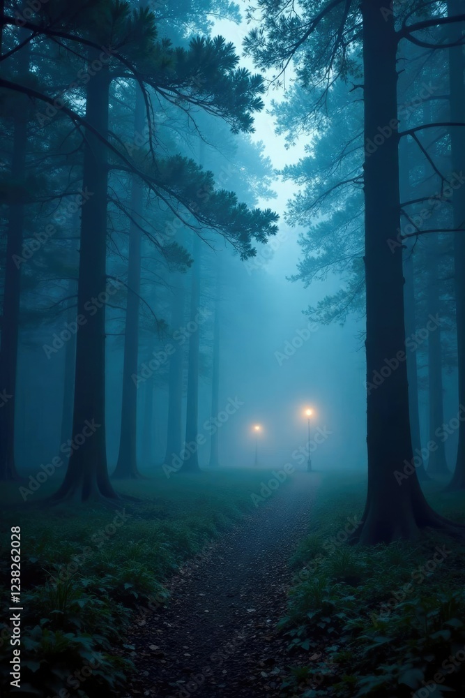 Naklejka premium Dense foggy forest with misty trees and twinkling lights, landscape, fog, peaceful