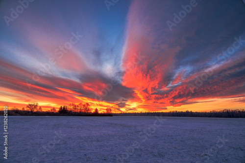 Colourful sunrise with glowing red clouds on a winter's day over the meadows and forests of Siebenbrunn, the smallest district of the Fugger city of Augsburg photo