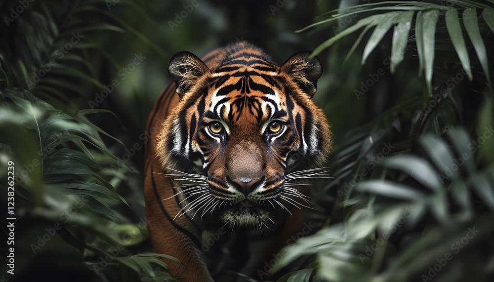 Fototapeta premium Majestic Tiger Stalking Through Lush Green Jungle Foliage