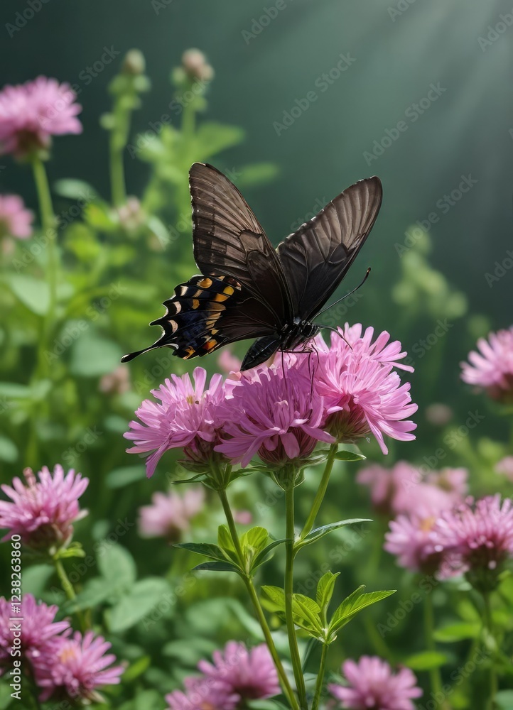 Pink clover flowers with a single black swallowtail butterfly , elegance, blue sky, black swallowtail Pink clover flowers with a single black swallowtail butterfly , elegance, blue sky, black swallowtail