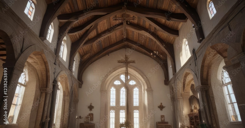 Obraz premium High vaulted ceiling with a large cross above it, high ceilings, grandiose