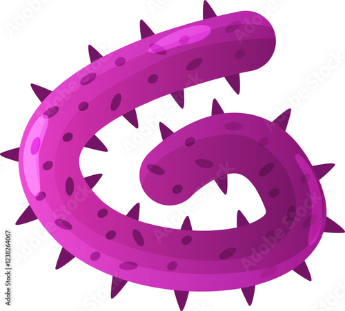 Colorful illustration of a purple spiky bacterium forming a curved G shape, representing microorganisms for educational and scientific projects in biology and microbiology