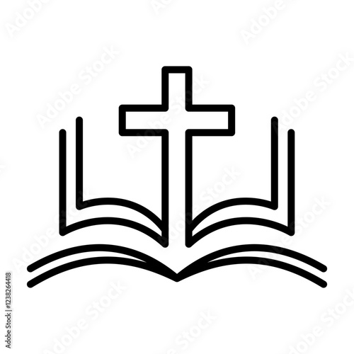 Religion icon. Simple black and white icon of christian cross standing on open bible. Vector illustration