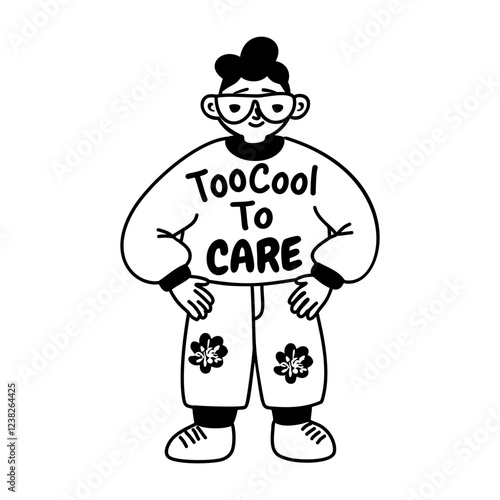 A glyph sticker of a careless character wearing sunglasses with sarcastic typography 